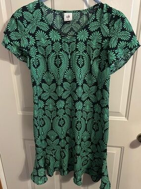 CAbi Black Dress with Green Leaf Print